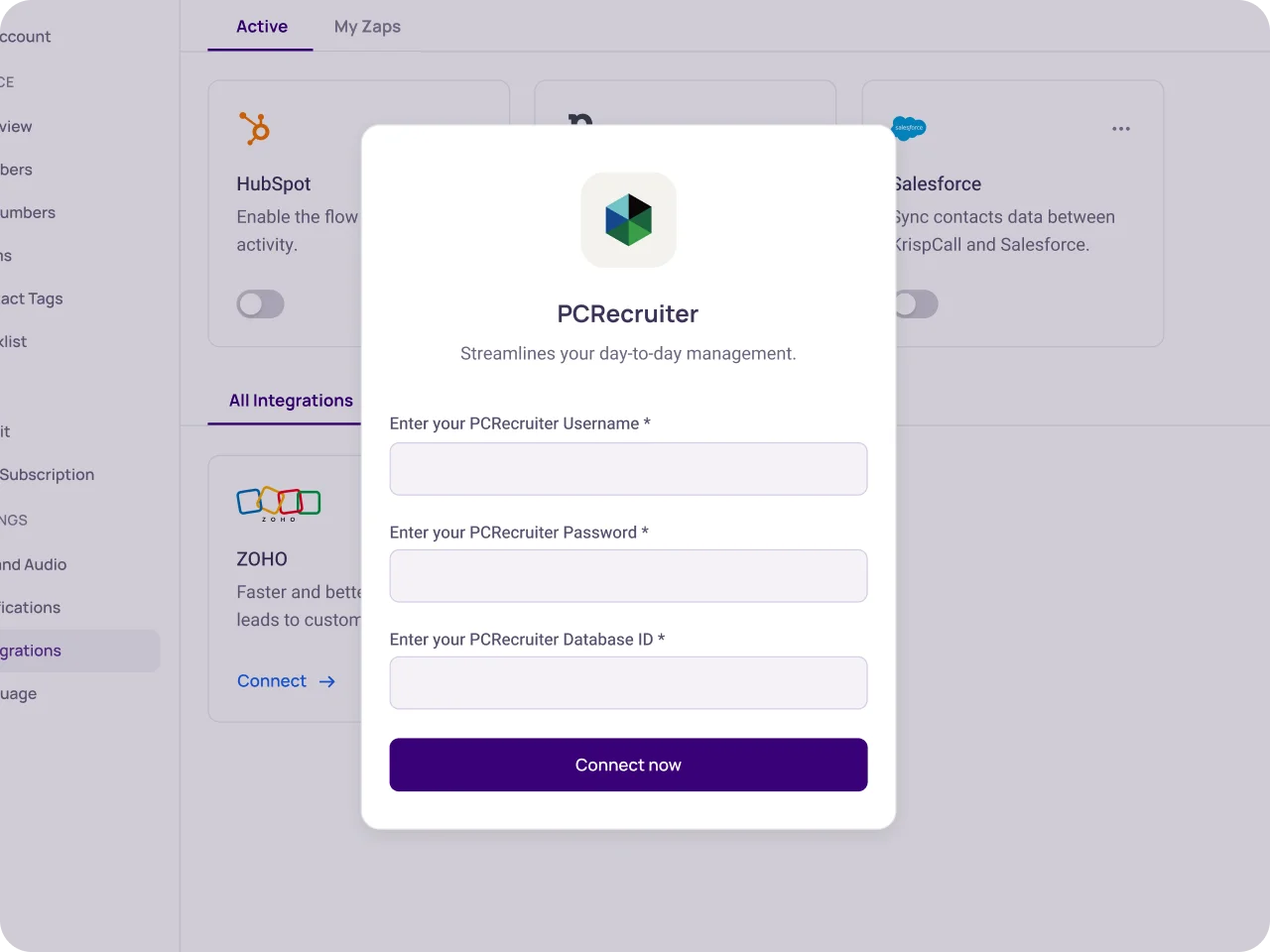 integrate pcrecruiter with krispcall3