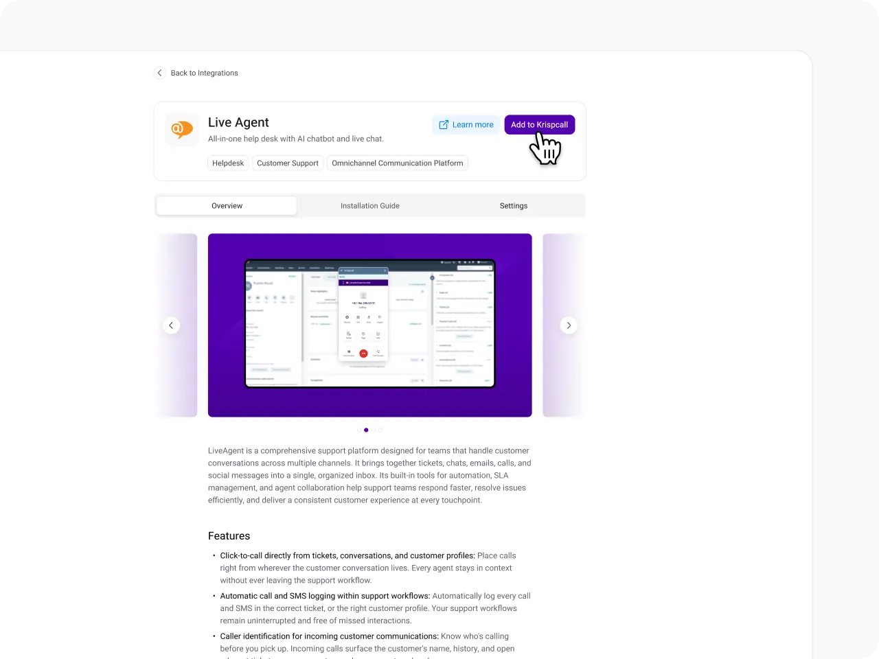 integrate liveagent with krispcall easily with our guide tab3