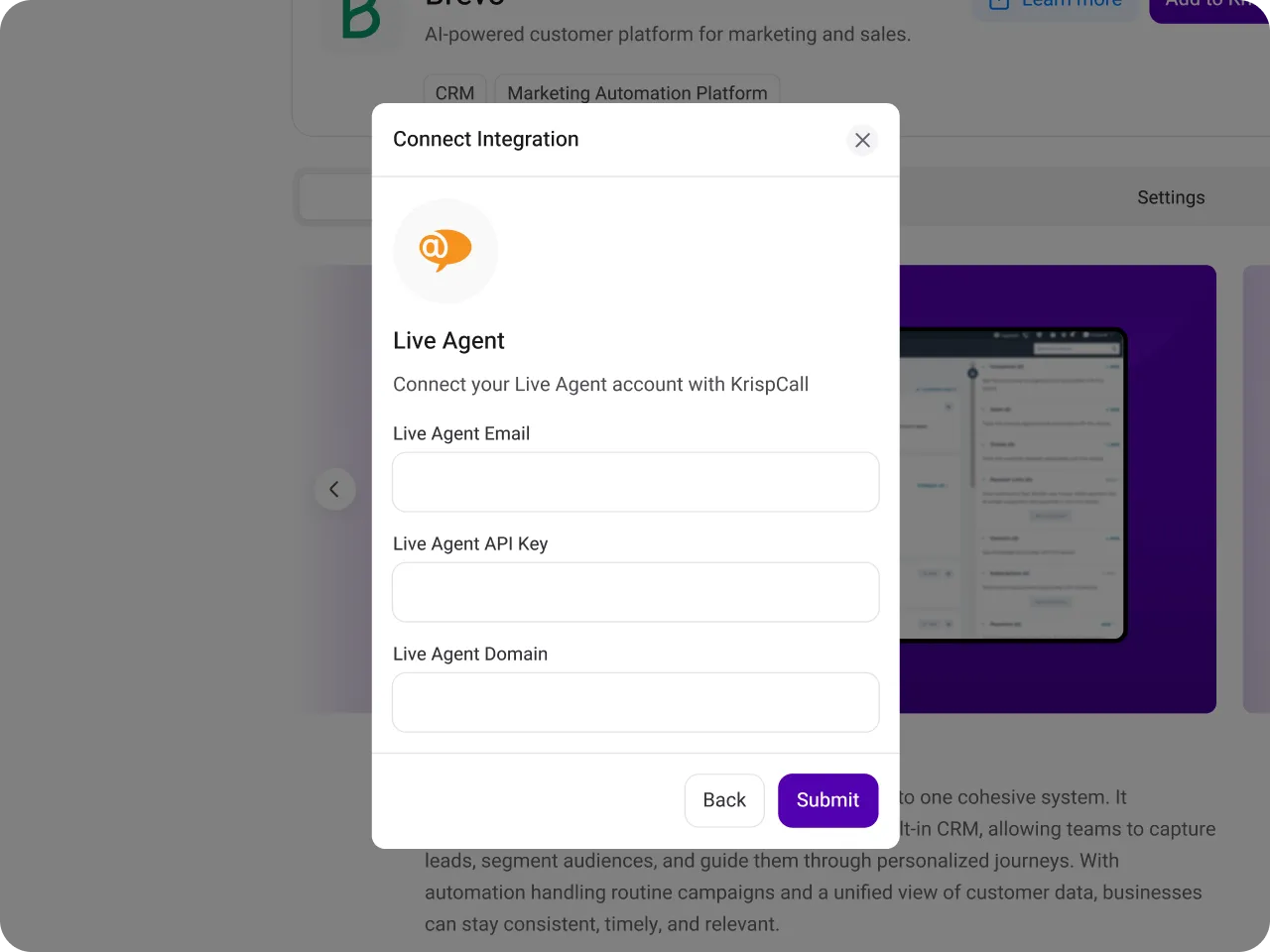 integrate liveagent with krispcall easily with our guide tab6